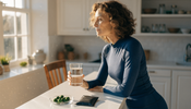 A middle-aged woman in activewear standing at a sunlit white kitchen counter in the morning with a glass of water and a small glass dish of green algae tablets