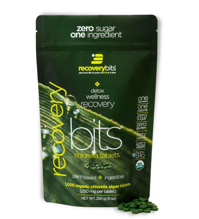 A front view of a bag of RECOVERYbits® chlorella algae tablets for wellness and recovery