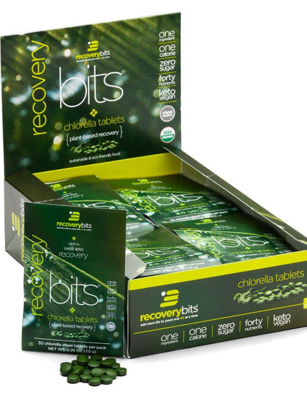 A front view of a box of RECOVERYbits® chlorella algae tablets for wellness and recovery