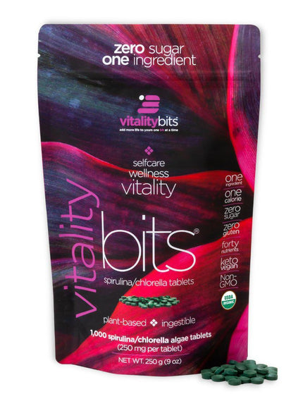 A front view of a bag of VITALITYbits® spirulina and chlorella algae tablets for wellness and recovery