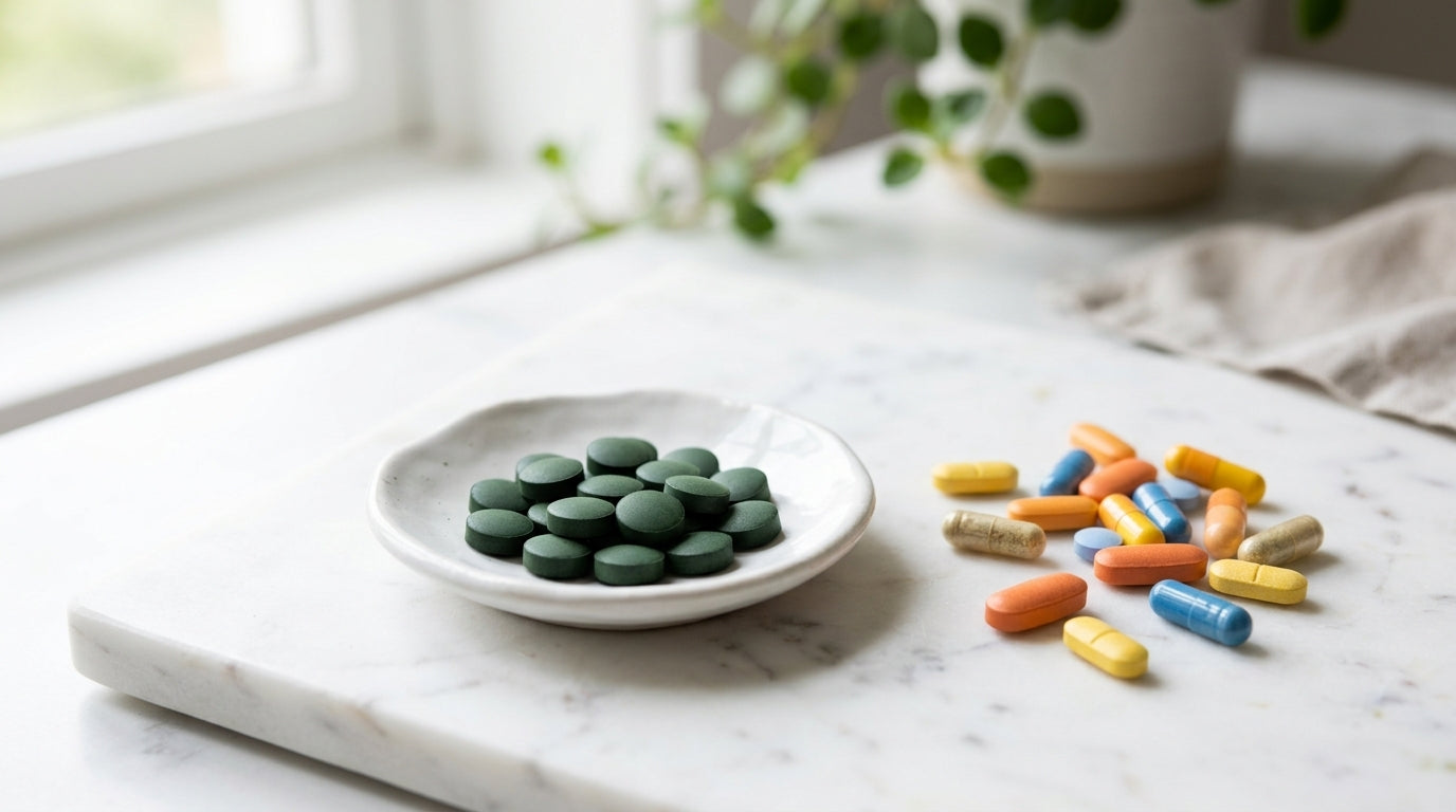 Spirulina tablets compared to synthetic multivitamin pills on white marble surface showing whole food versus synthetic supplement difference