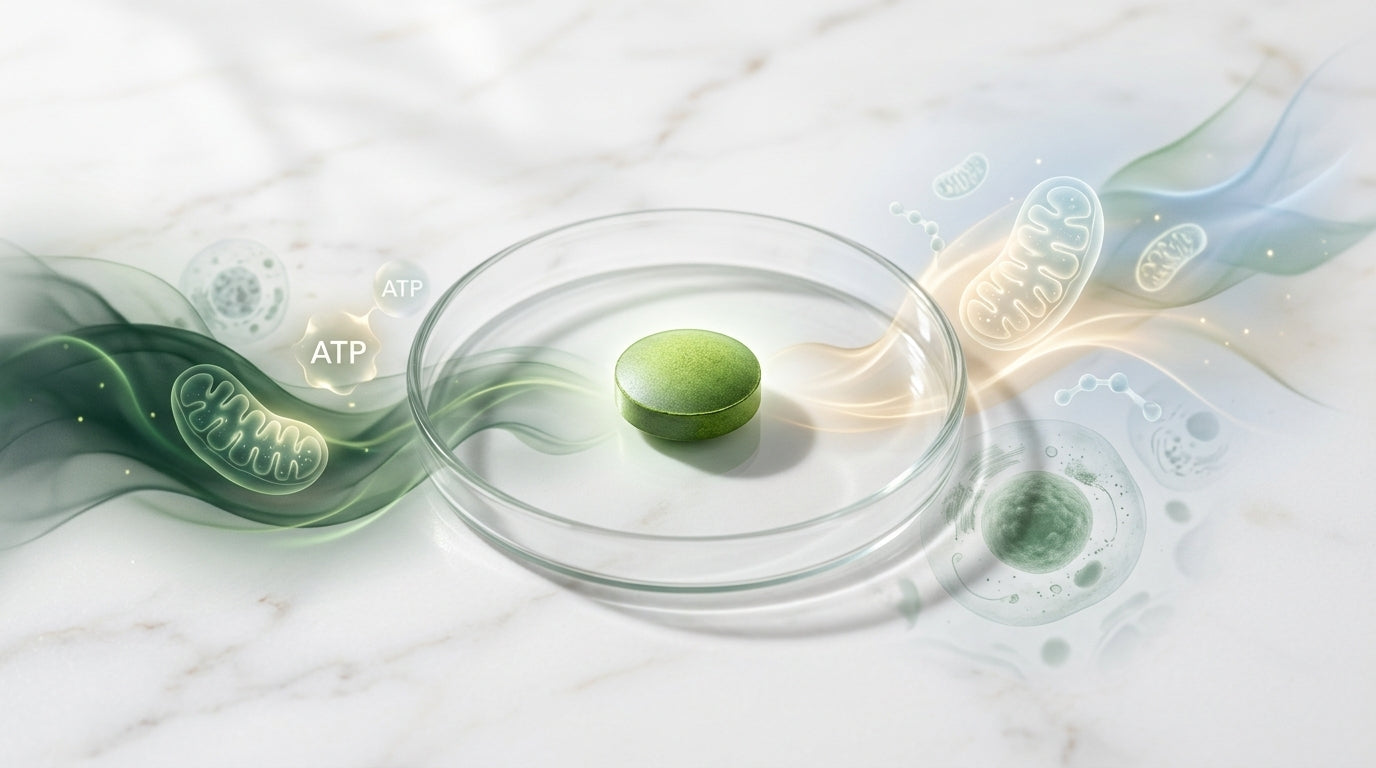 Spirulina algae supplement supporting mitochondrial health and cellular energy production with scientific visualization of ATP and mitochondria