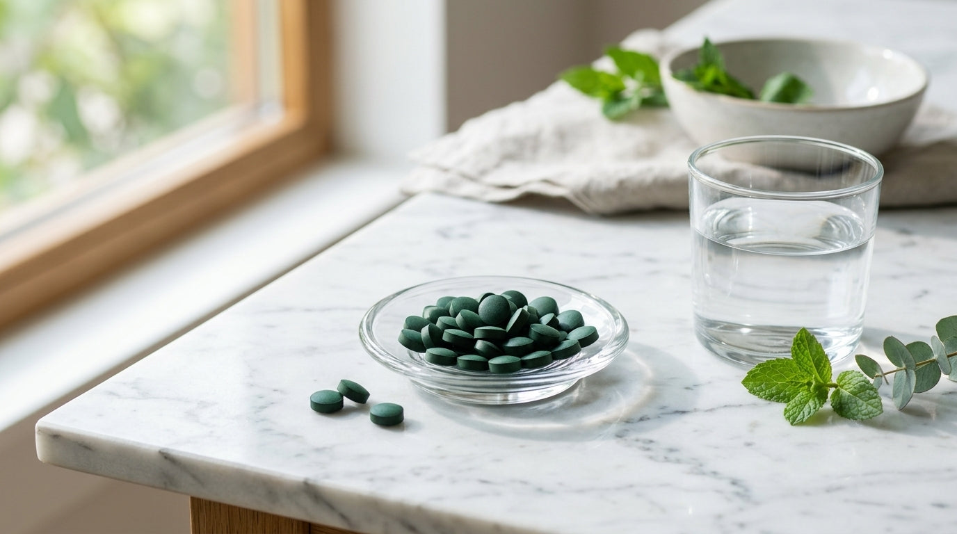 Premium spirulina and chlorella algae tablets arranged on marble surface representing the healthiest daily algae supplement for complete nutrition