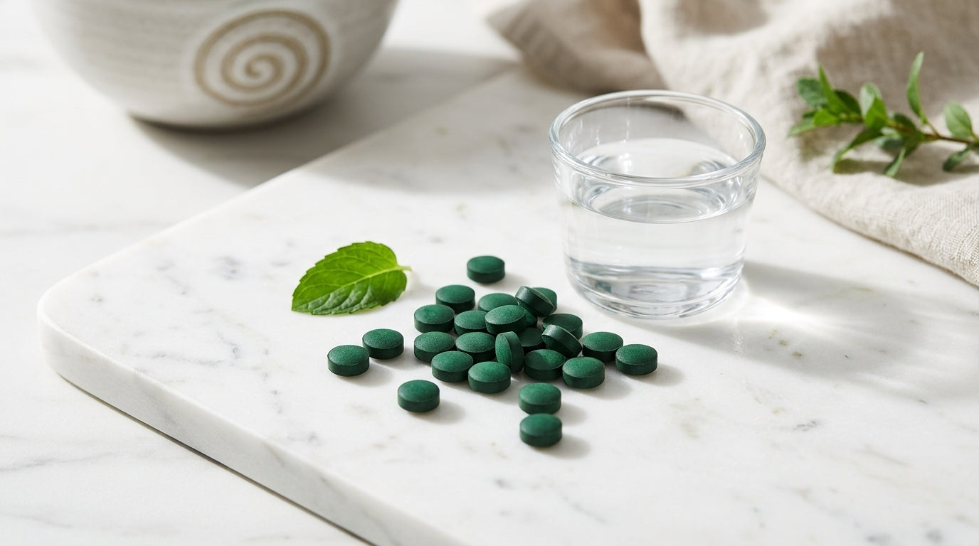 Premium green spirulina tablets arranged on white marble surface with natural lighting, representing ENERGYbits organic spirulina supplements