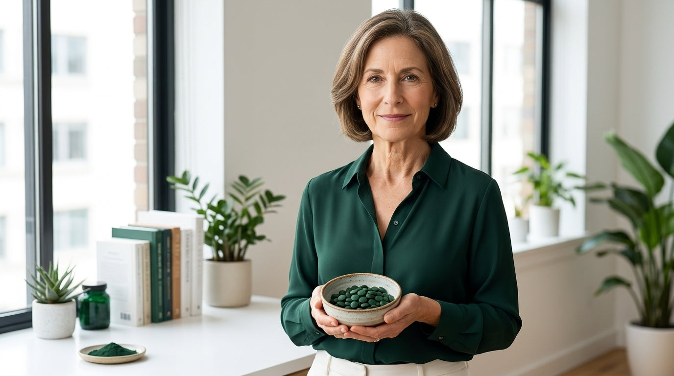 Catharine Arnston, founder of ENERGYbits, holding spirulina algae tablets and explaining the health benefits of algae as the most nutrient-dense food on earth
