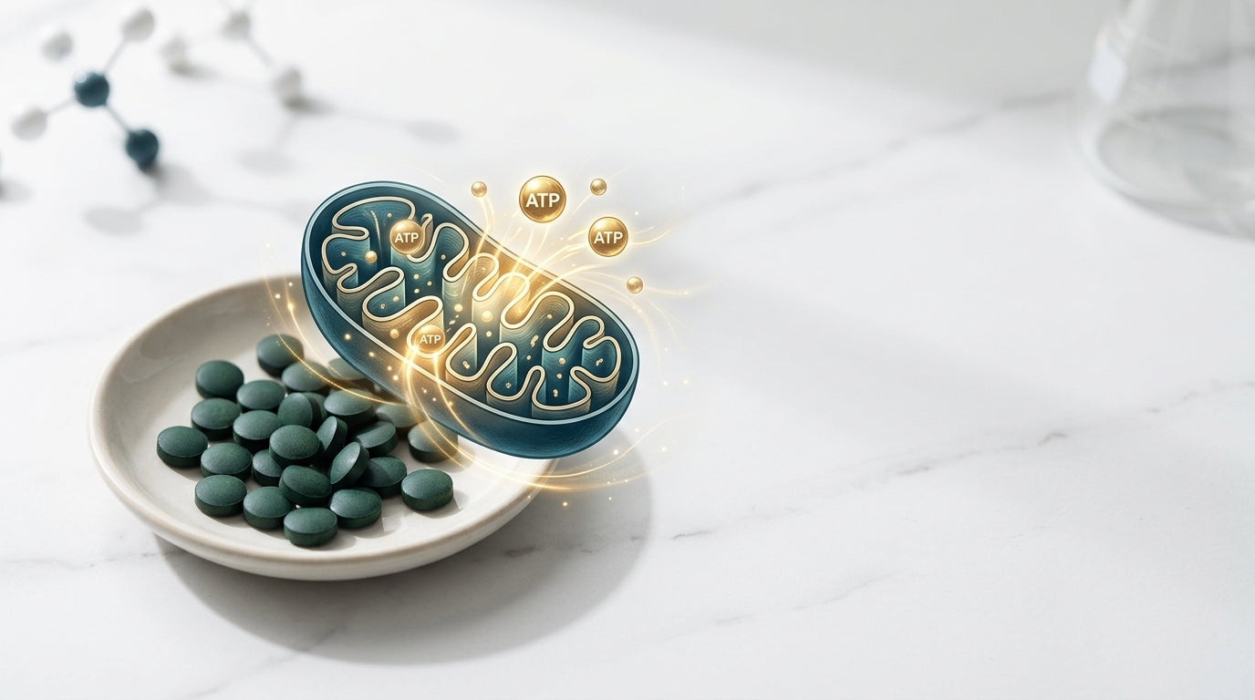 Spirulina tablets and artistic visualization of mitochondria producing ATP energy molecules, representing how spirulina supports natural cellular energy production