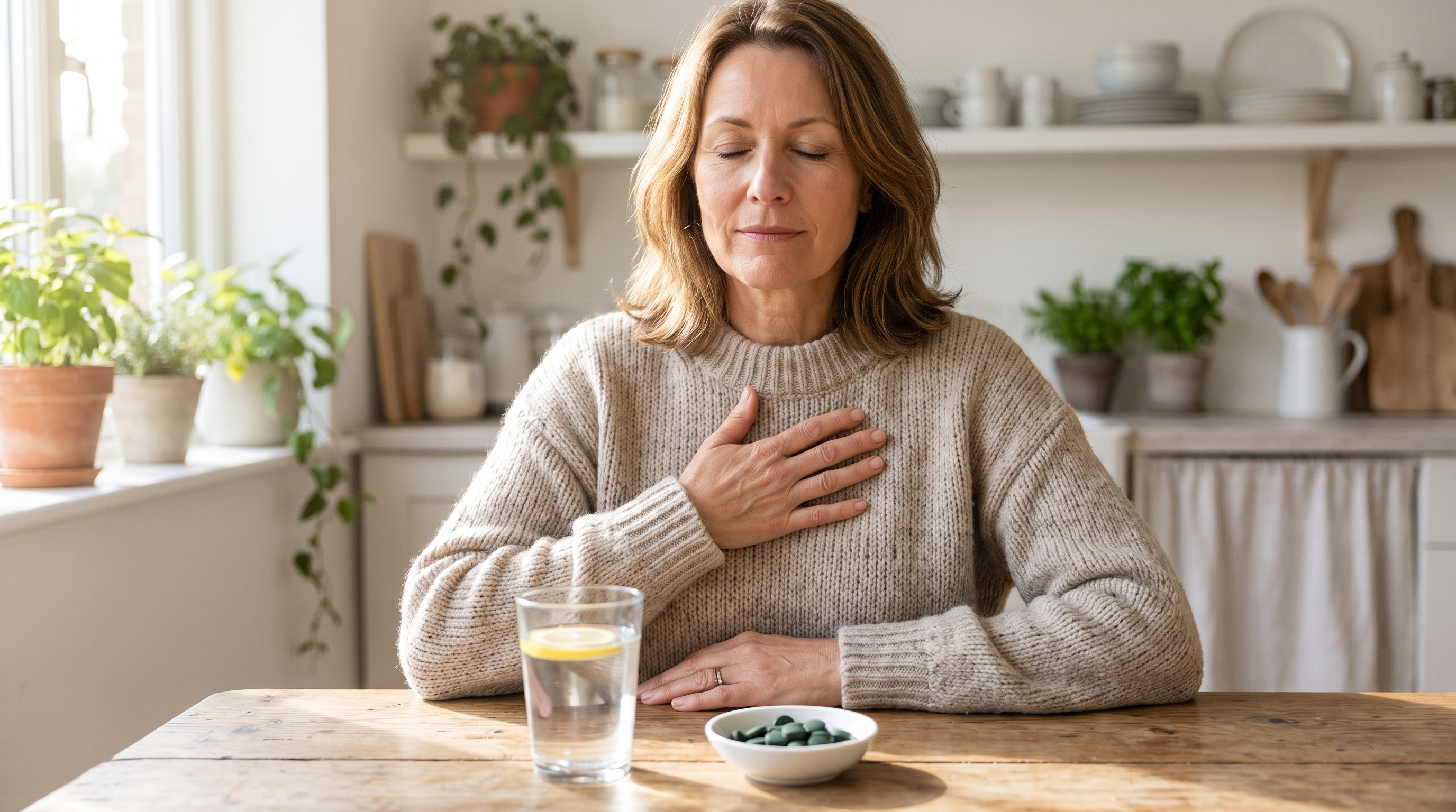 A calm middle-aged woman in a cozy sweater resting her hand over her heart at a sunlit kitchen table with a glass of water and a small dish of spirulina tablets