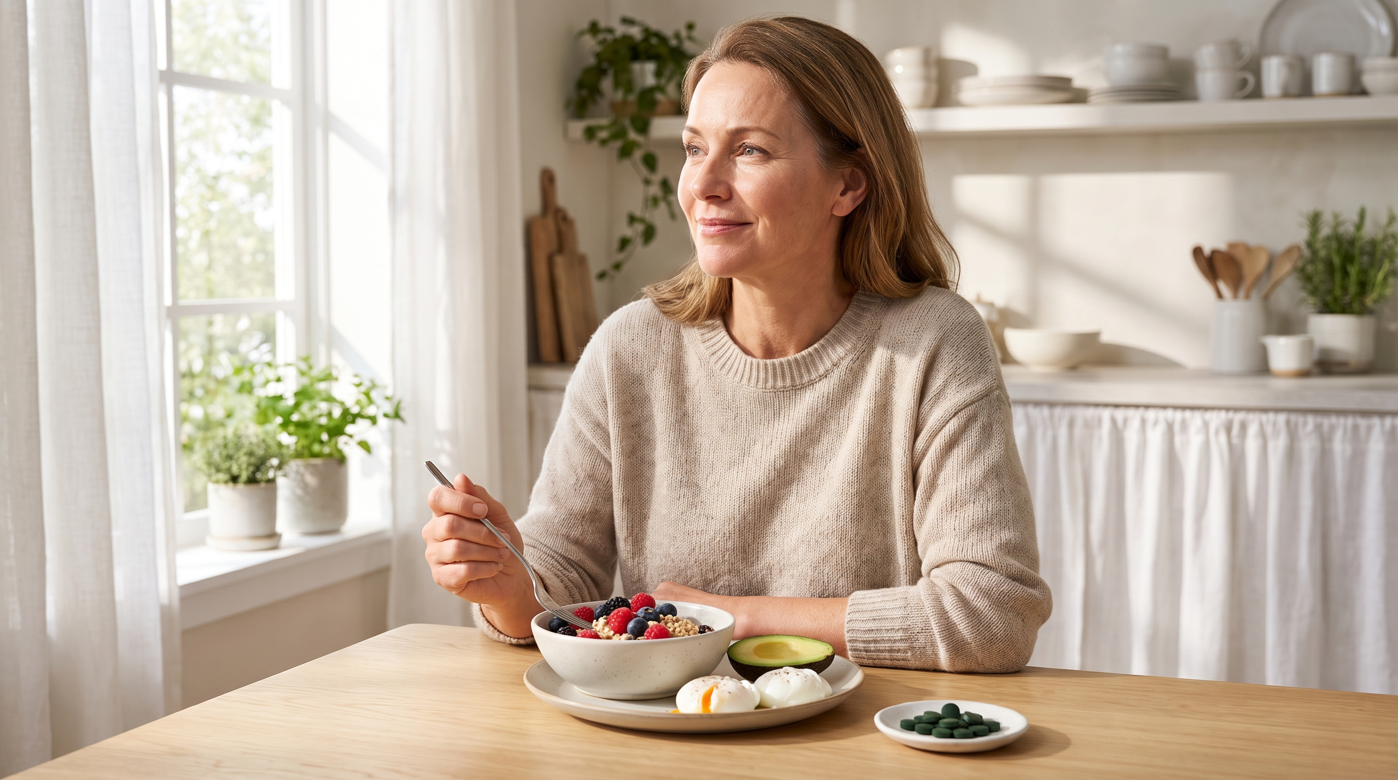 A middle-aged woman in a soft sweater enjoying a balanced breakfast of berries and oats at a sunlit table with a dish of spirulina tablets
