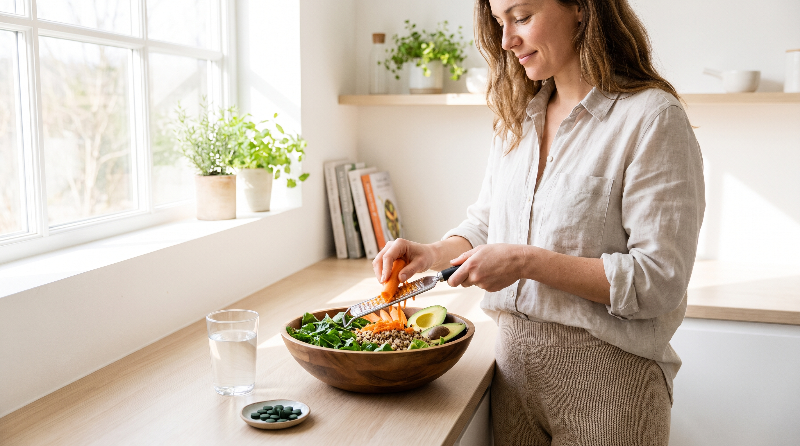 A middle-aged woman in everyday clothing preparing a nourishing plant-forward meal with chlorella tablets on the counter