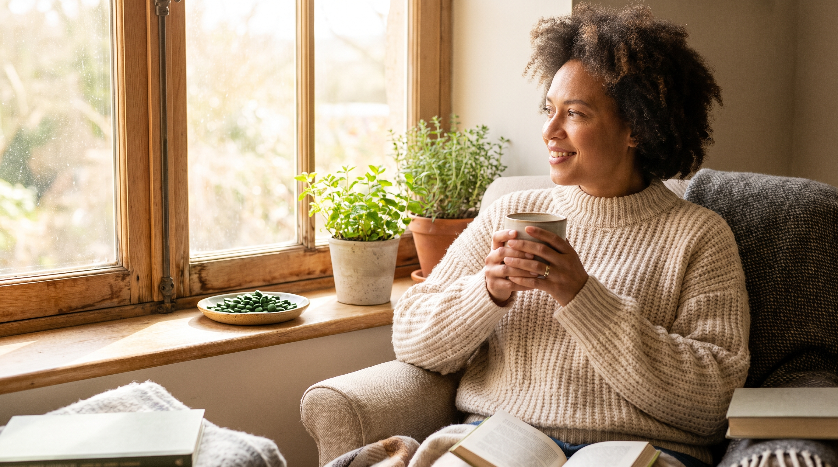 A middle-aged woman in a warm knit sweater holding a mug of tea by a sunny window with a dish of chlorella tablets
