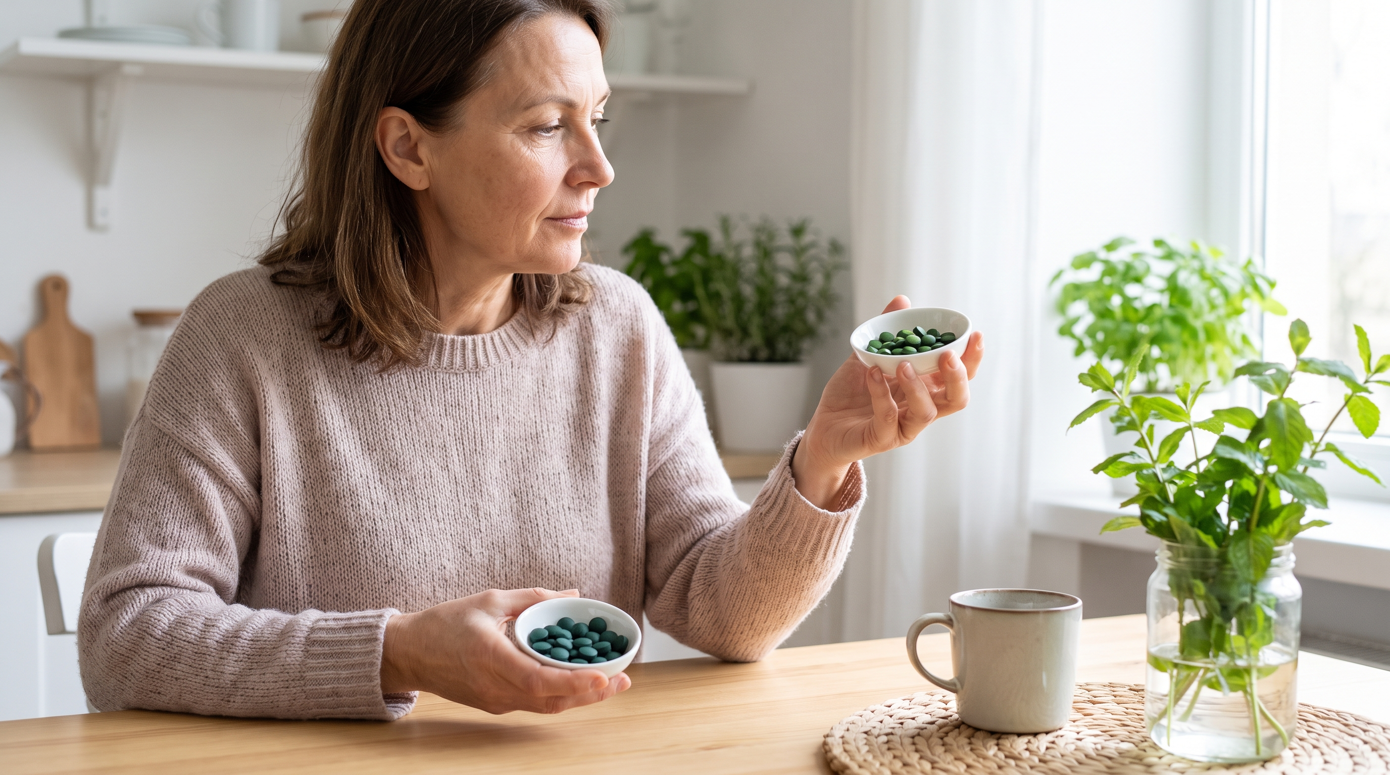 A middle-aged woman comparing two small dishes of green algae tablets, spirulina and chlorella, at her kitchen table