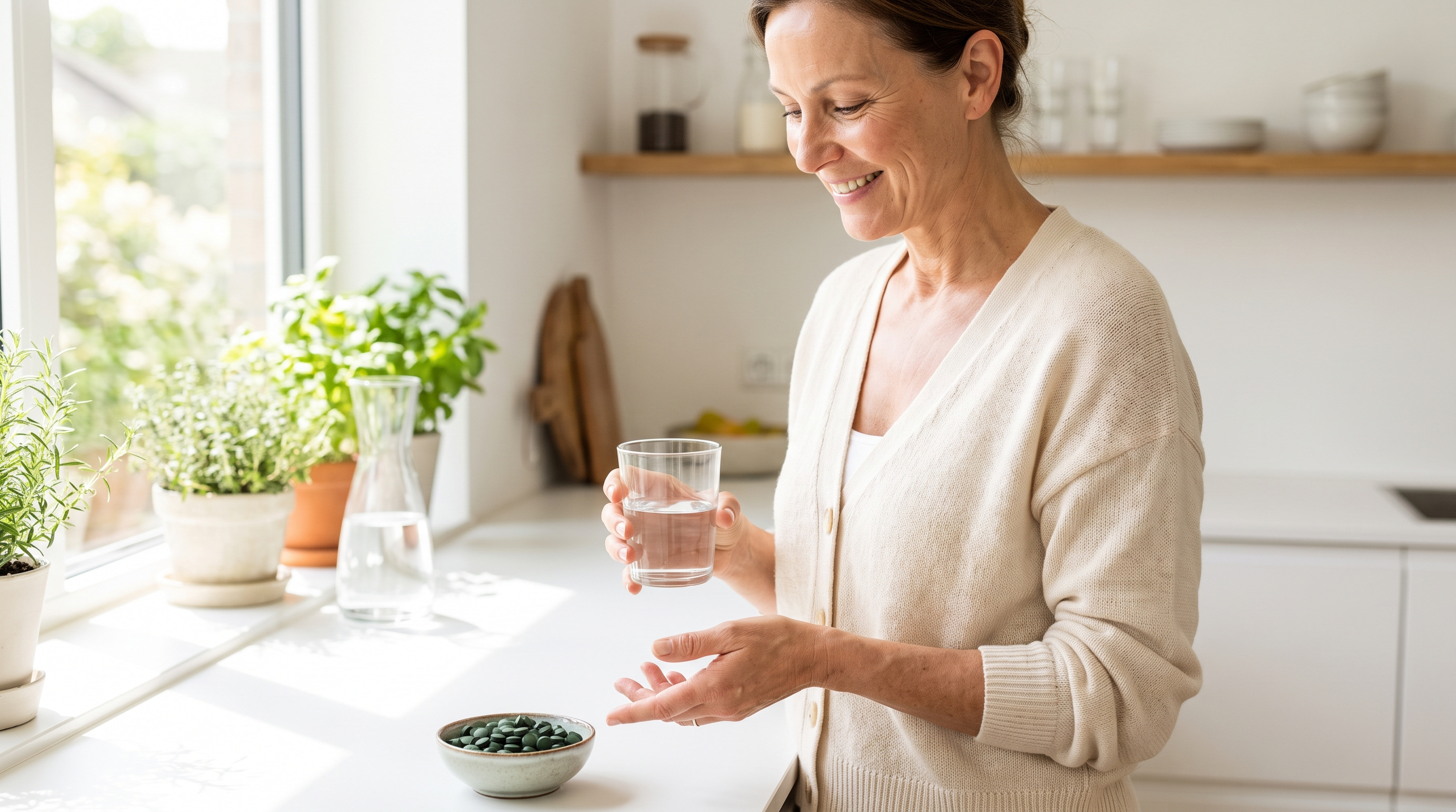A refreshed middle-aged woman in a light cardigan holding a glass of water beside a dish of chlorella tablets in a bright kitchen