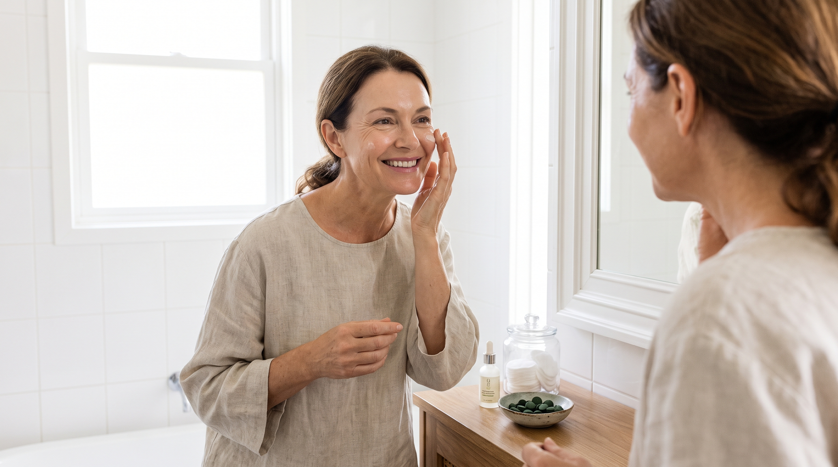 A middle-aged woman with healthy glowing skin during her skincare routine at a bathroom mirror, fully clothed, with chlorella tablets on the vanity