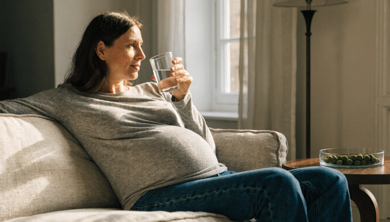 A pregnant woman in her forties wearing a soft knit top sitting on a linen sofa holding a glass of water, with a small glass dish of green algae tablets on the side table