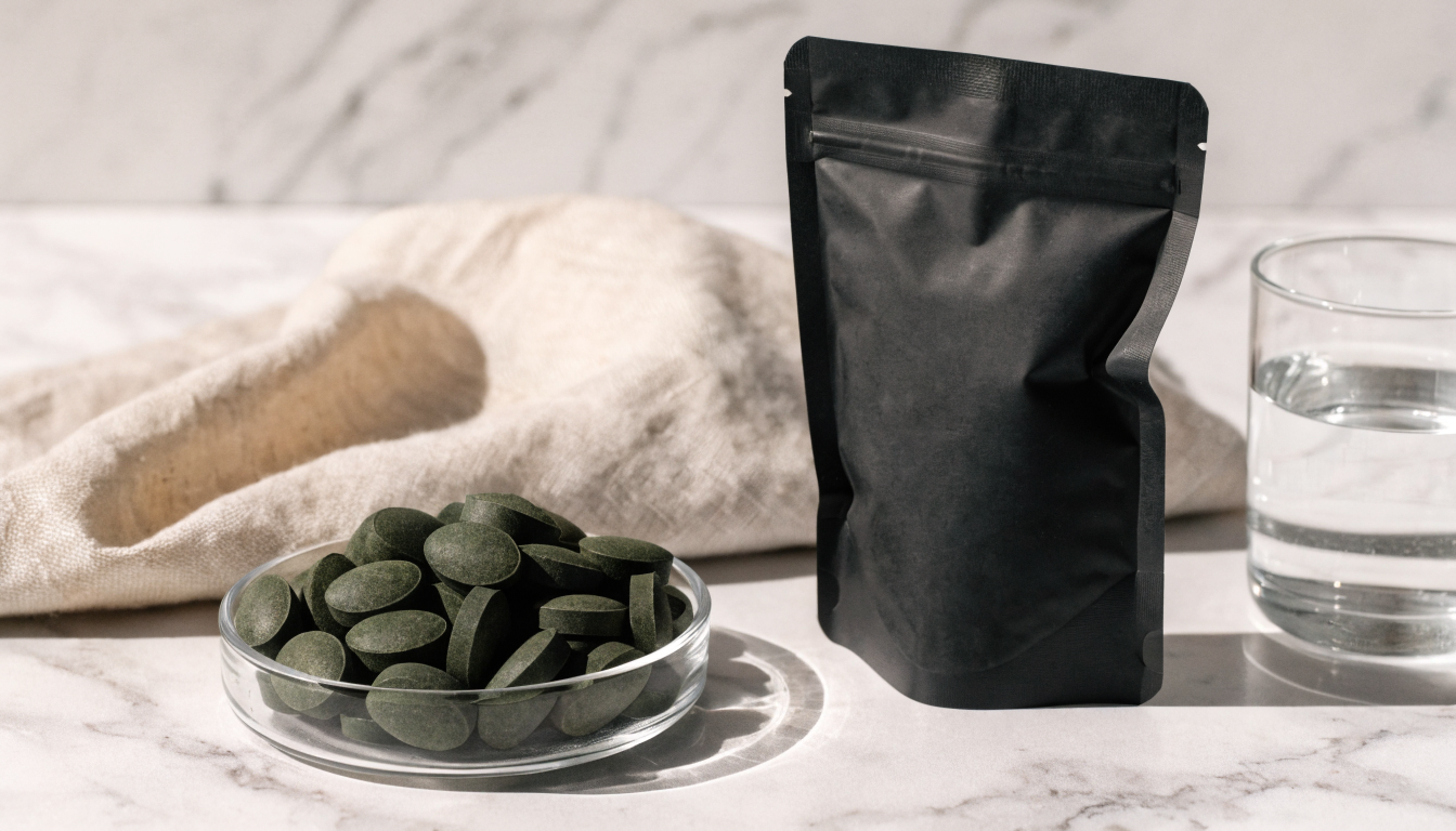 A small glass dish of green algae tablets beside a matte black supplement pouch and a glass of water on white marble