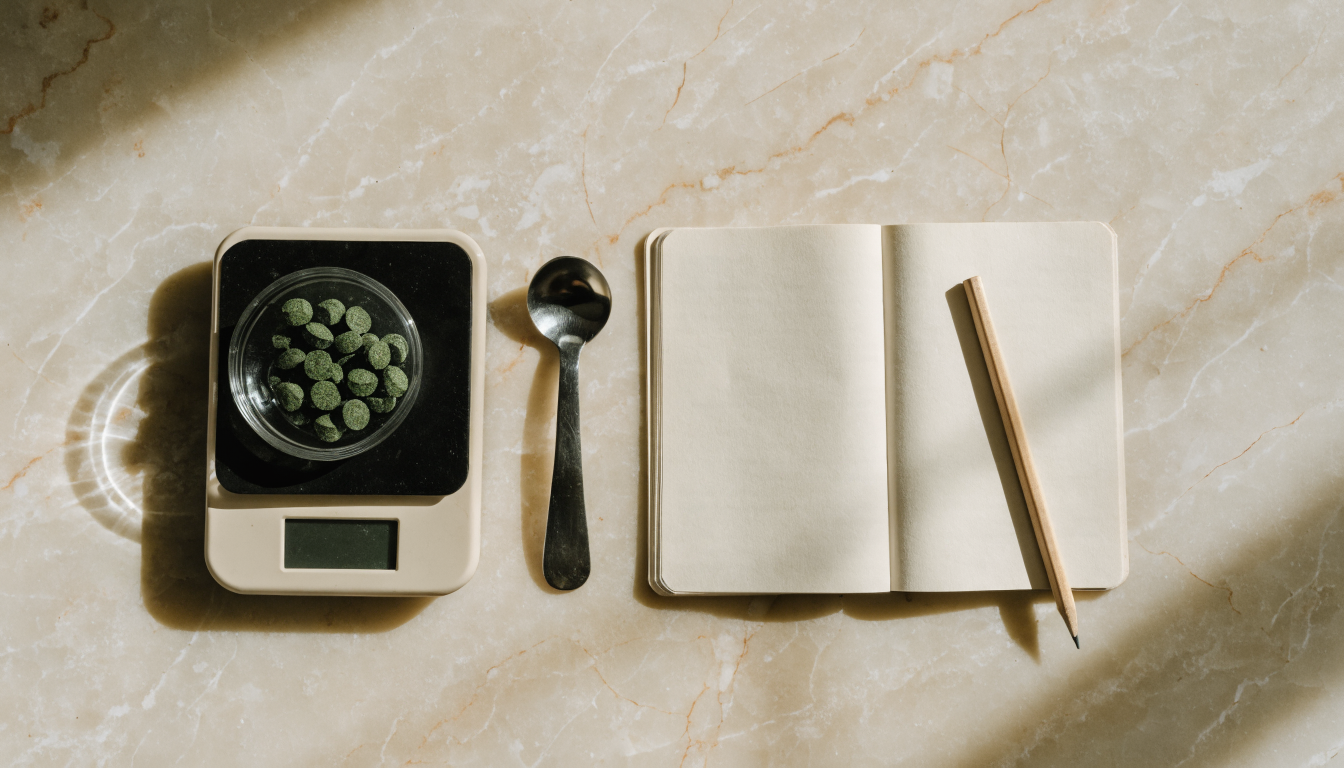 An overhead view of a kitchen scale holding a small glass dish of green algae tablets beside a measuring spoon and an open notebook