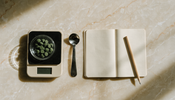 An overhead view of a kitchen scale holding a small glass dish of green algae tablets beside a measuring spoon and an open notebook
