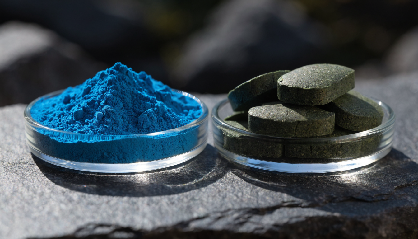Two small glass dishes on dark slate, one holding vivid blue spirulina powder and the other holding deep green algae tablets