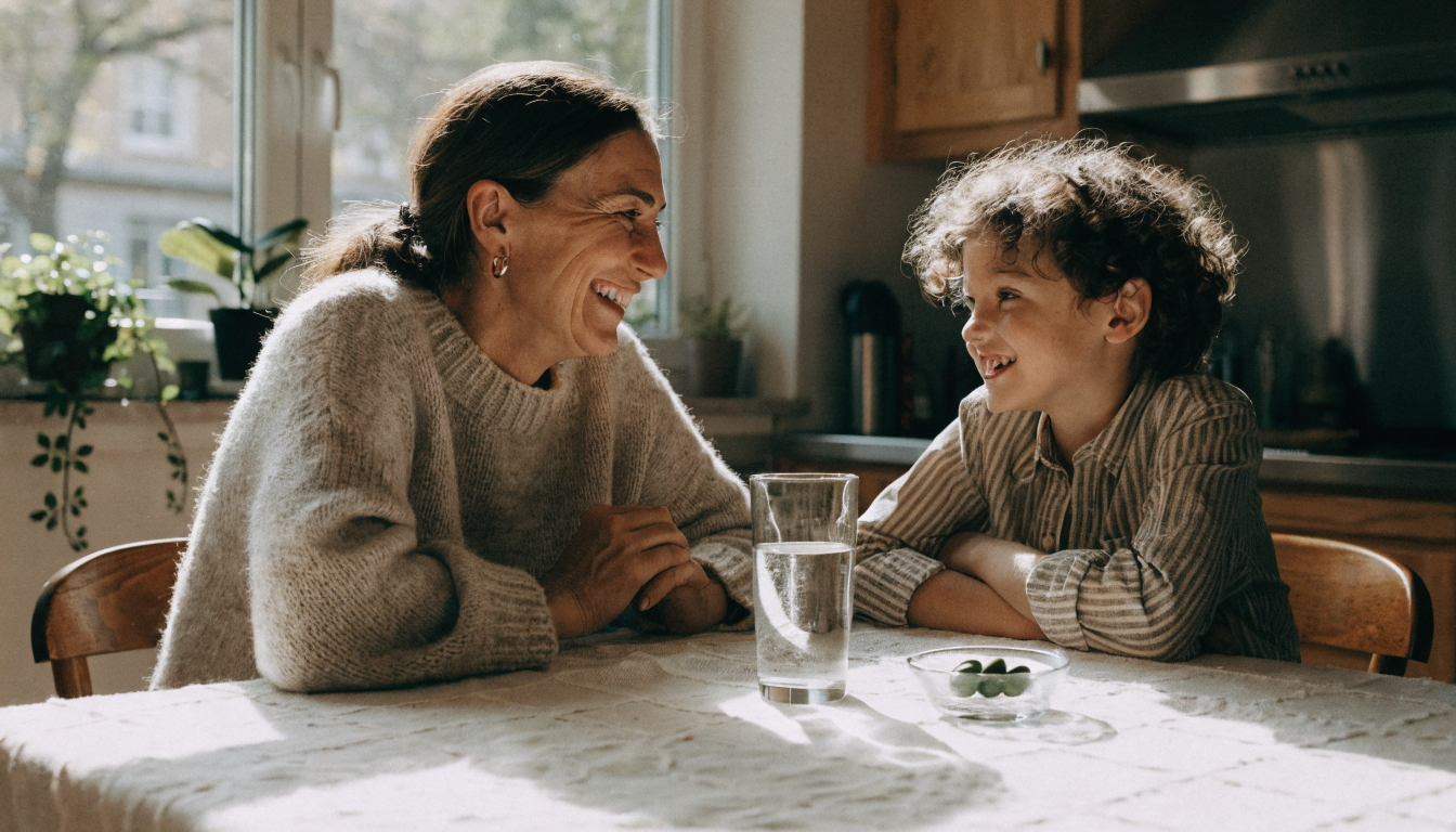 A middle-aged woman in a knit sweater sitting at a sunlit kitchen table with her child, a glass of water and a small glass dish of green algae tablets nearby