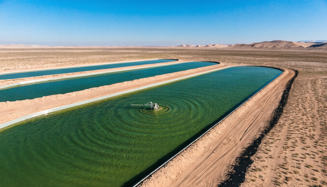 An aerial daylight view of outdoor algae cultivation ponds filled with vivid emerald green water and a rotating paddlewheel