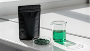 A matte black supplement pouch, a glass dish of green algae tablets and a laboratory beaker on a clean white lab bench