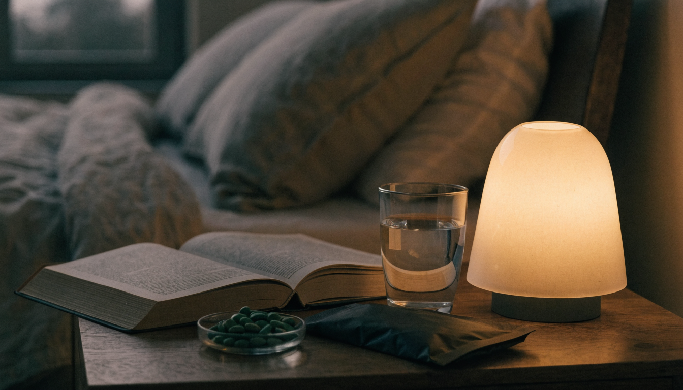 An evening bedside table with a warm lamp, an open book, a glass of water and a small dish of green chlorella tablets