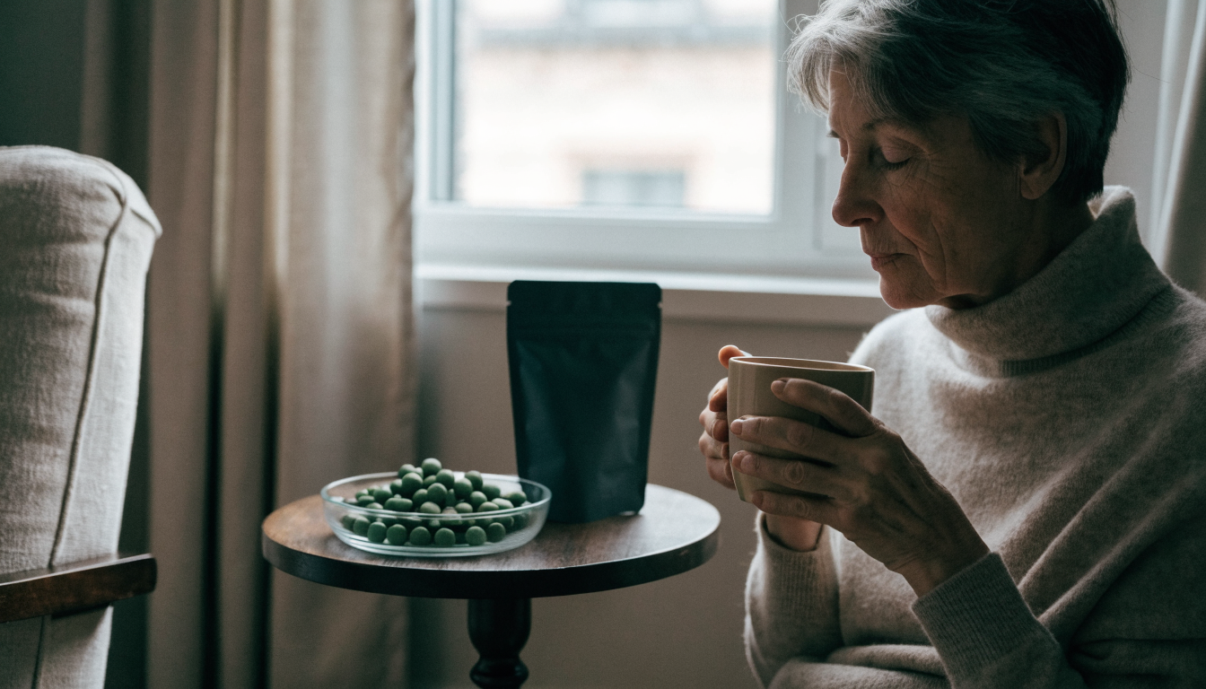 A middle aged woman in an oatmeal high neck sweater sitting by a window holding a warm mug beside a dish of green chlorella tablets