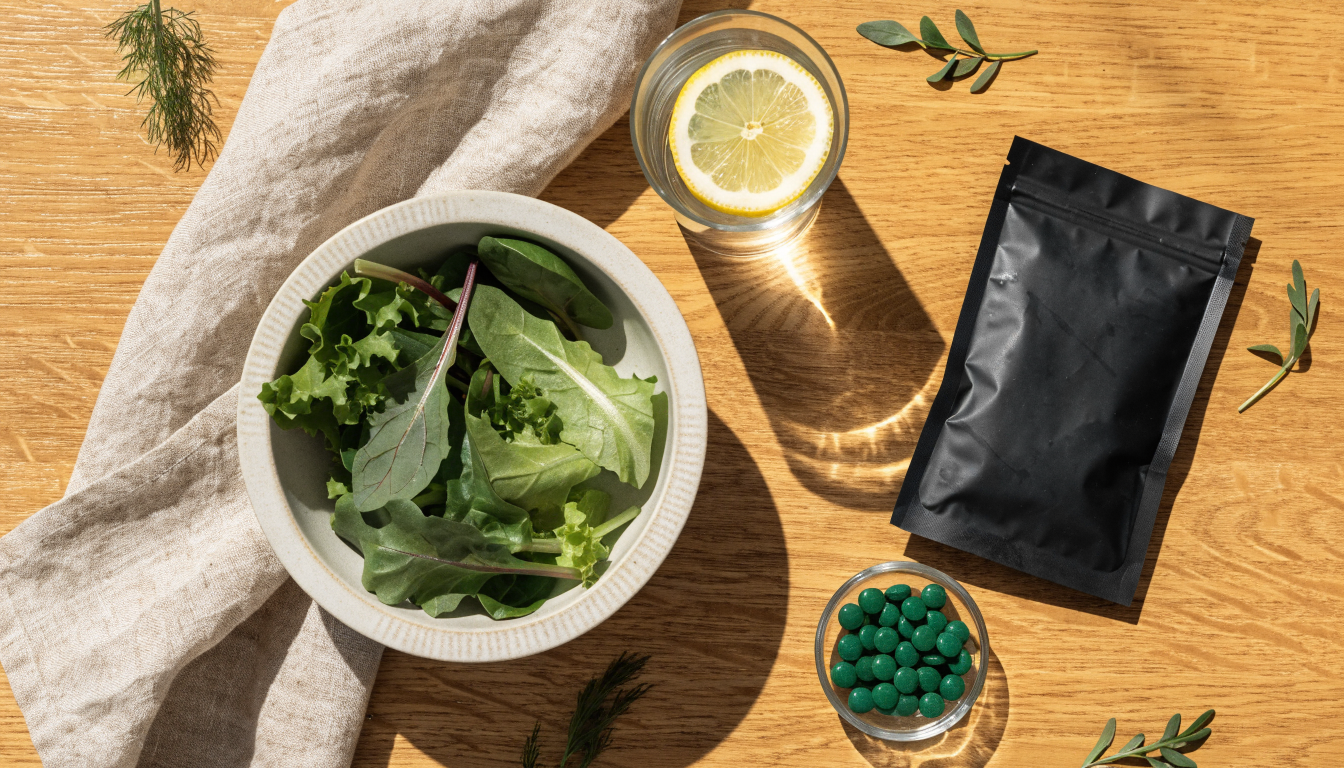 Overhead flat lay on an oak table with a bowl of leafy greens, a glass of water with lemon, a plain matte black supplement pouch, and a small glass dish of green algae tablets