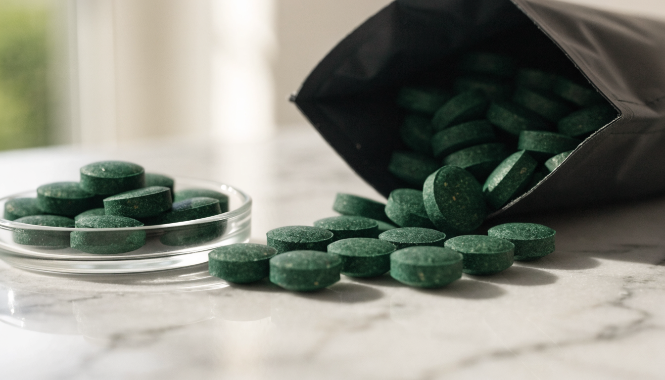 Green chlorella algae tablets spilling from a plain matte black pouch onto a white marble counter beside a small glass dish