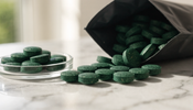 Green chlorella algae tablets spilling from a plain matte black pouch onto a white marble counter beside a small glass dish