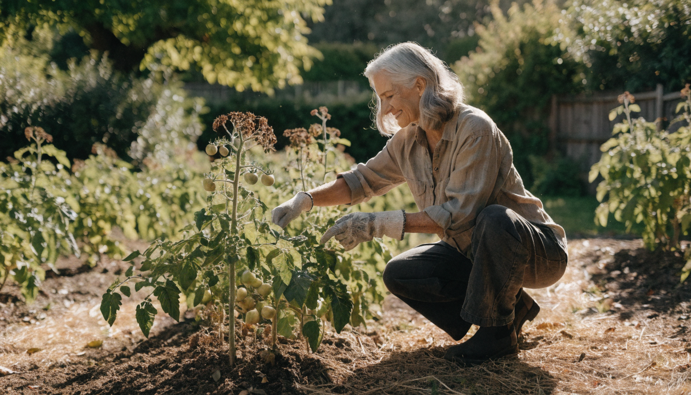 A fully clothed woman in her early sixties with silver grey hair, wearing a linen shirt and gardening gloves, tending tomato plants in a sunny backyard garden