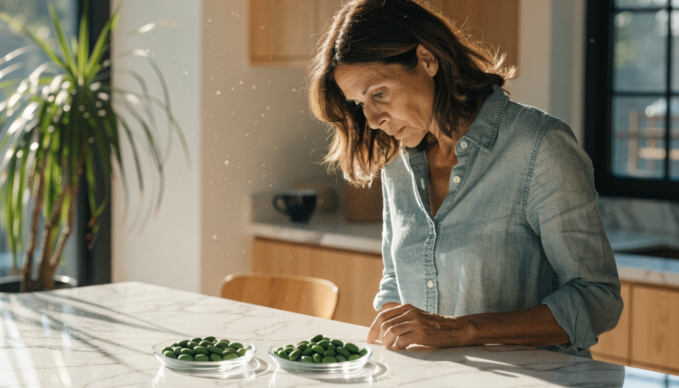 Fully clothed middle-aged woman in a casual chambray button-down at a bright kitchen island in morning light, comparing two small glass dishes of green algae tablets