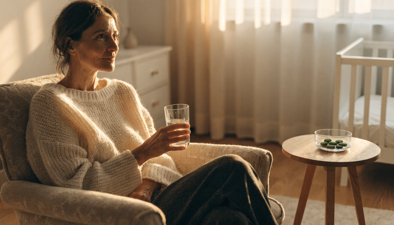 A fully clothed middle-aged woman in a knit sweater sits in a sunlit nursery armchair holding a glass of water, with green algae tablets on a side table.