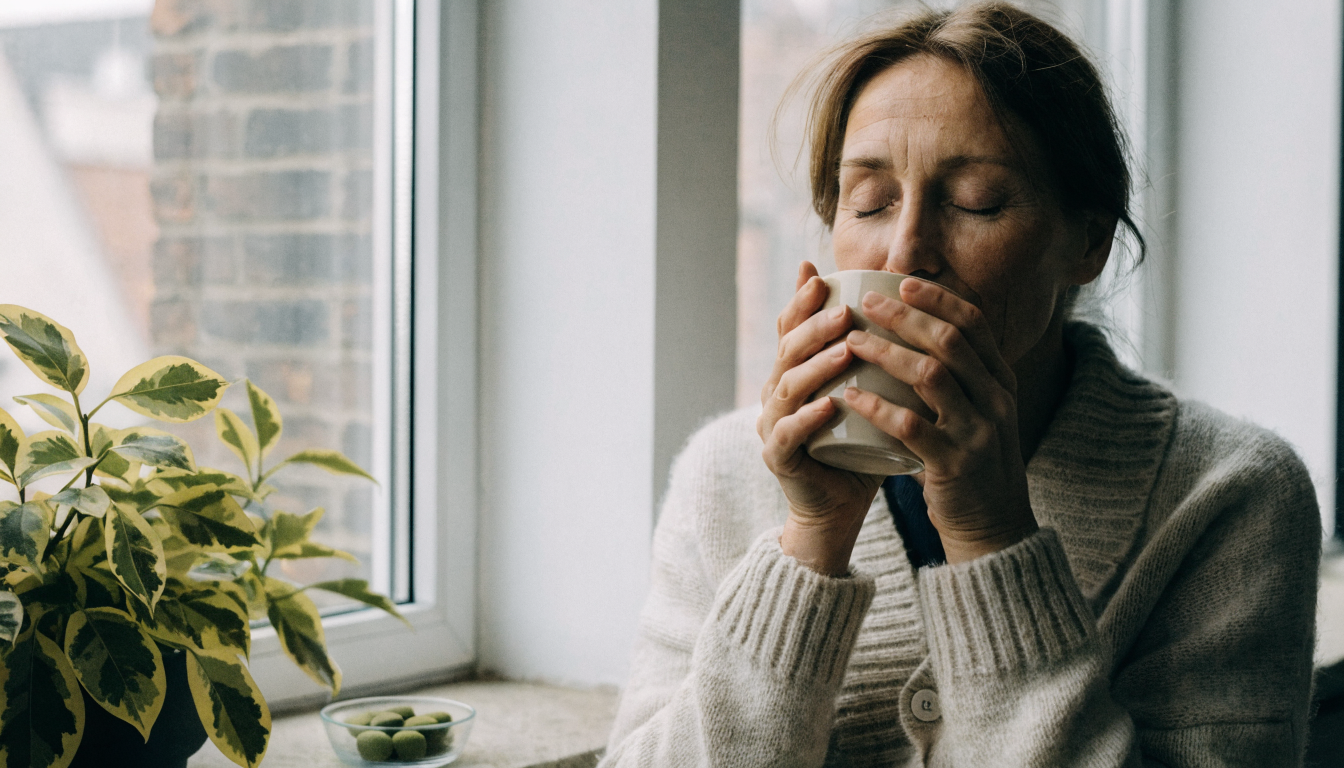 A fully clothed middle-aged woman in a soft oatmeal cardigan sits calmly by a large window holding a warm mug of tea