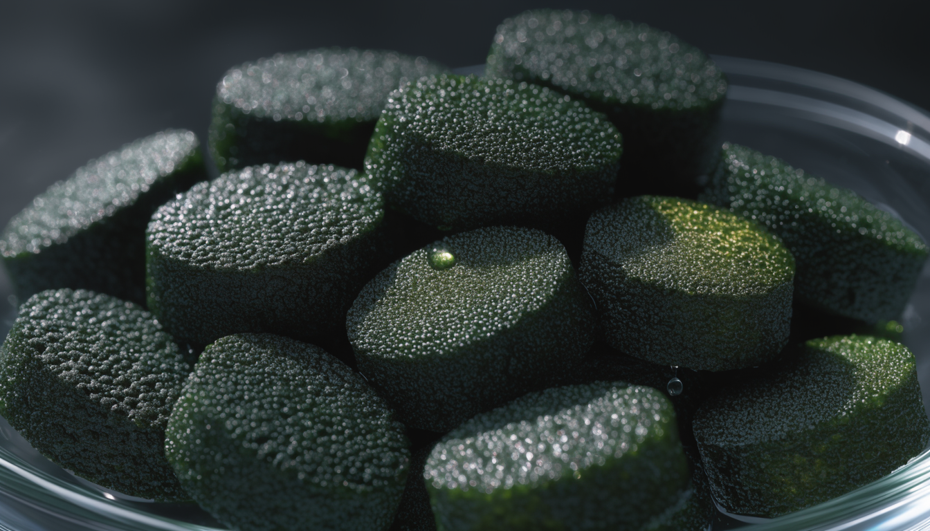 Extreme macro photograph of dark green algae tablets resting in a small glass dish, lit from the side against a dark moody background