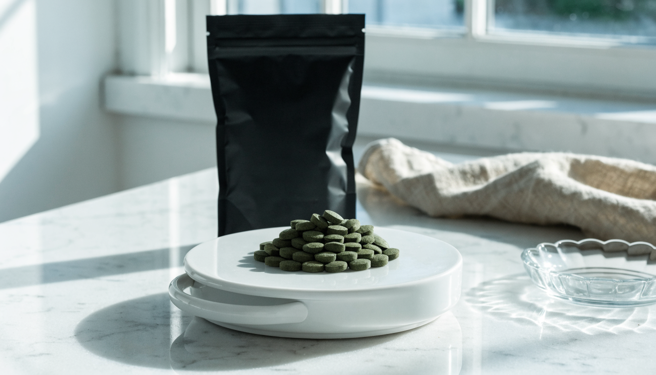 A small white kitchen scale on a marble counter weighing a measured mound of dark green chlorella algae tablets, with a matte black pouch, a small glass dish, and a linen towel nearby