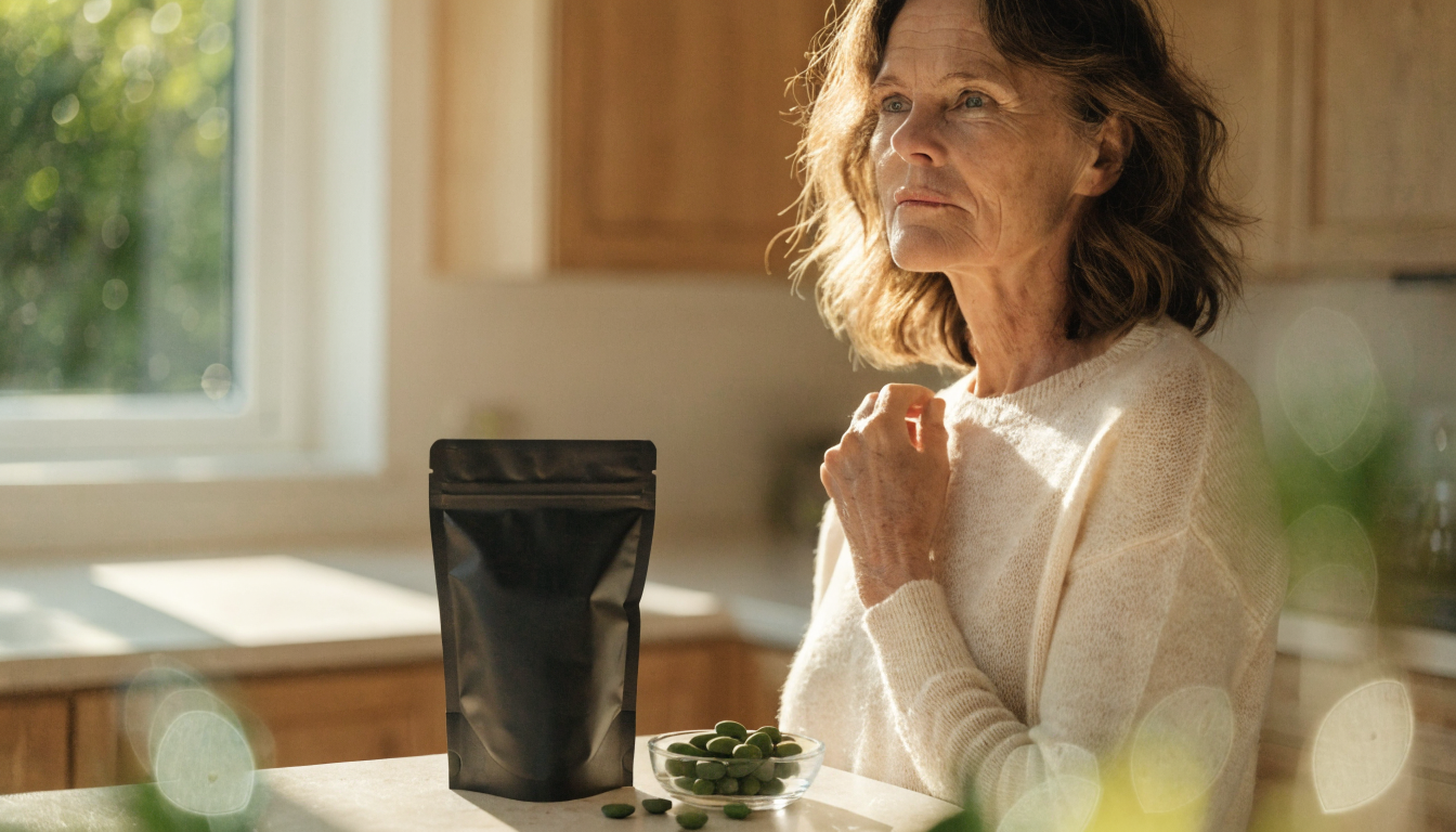 A healthy middle-aged woman in a cream knit sweater in a sunlit kitchen with a matte black ENERGYbits pouch and a glass dish of green algae tablets