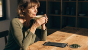 A relaxed middle-aged woman in an olive green long sleeve top at a rustic wooden kitchen table with a mug of herbal tea, a matte black pouch, and green algae tablets in a small glass dish