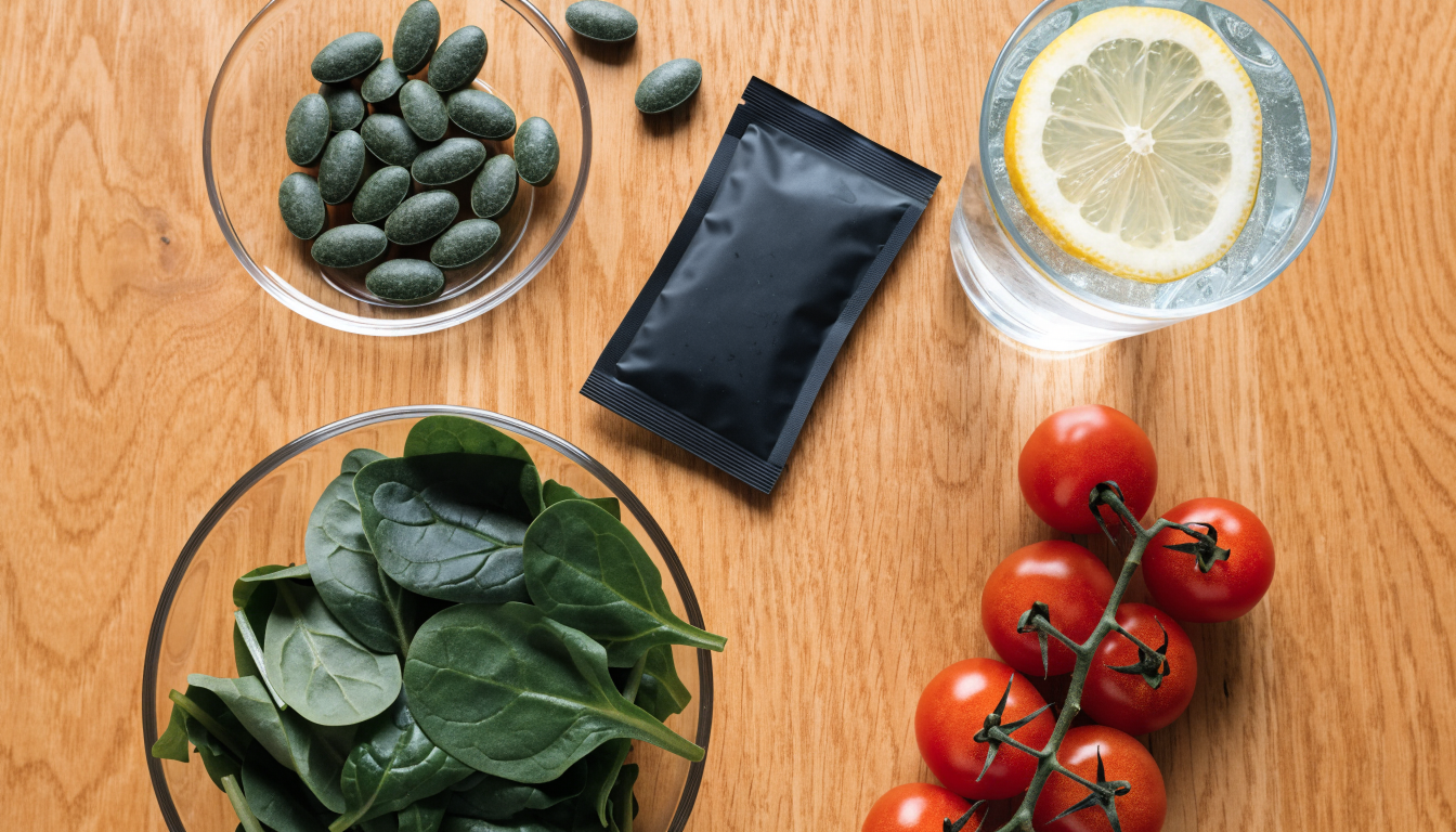 Overhead flat lay on a warm oak table with a glass dish of green algae tablets, a matte black pouch, a bowl of leafy greens, cherry tomatoes and a glass of water with lemon
