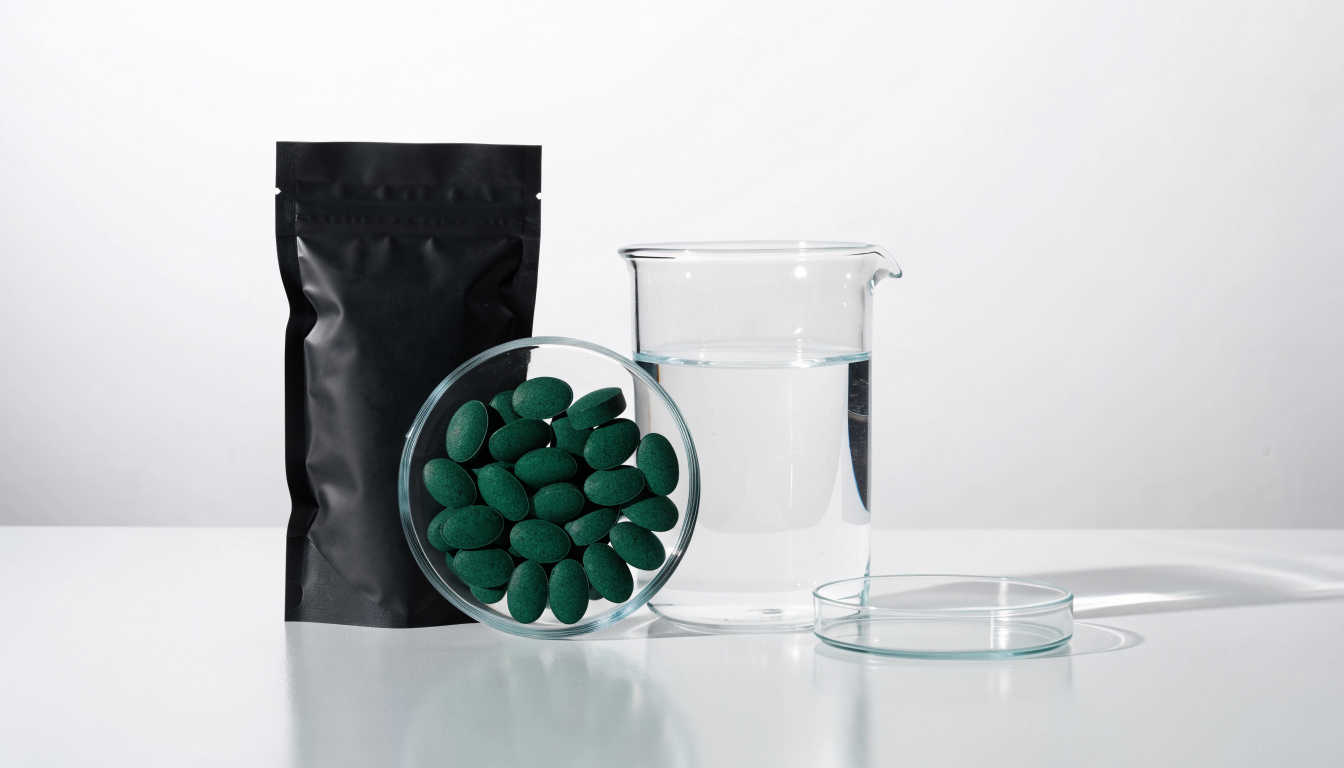 A clean white lab bench holding a glass dish of dark green algae tablets, a matte black supplement pouch, a glass beaker of water, and a petri dish under bright cool lighting