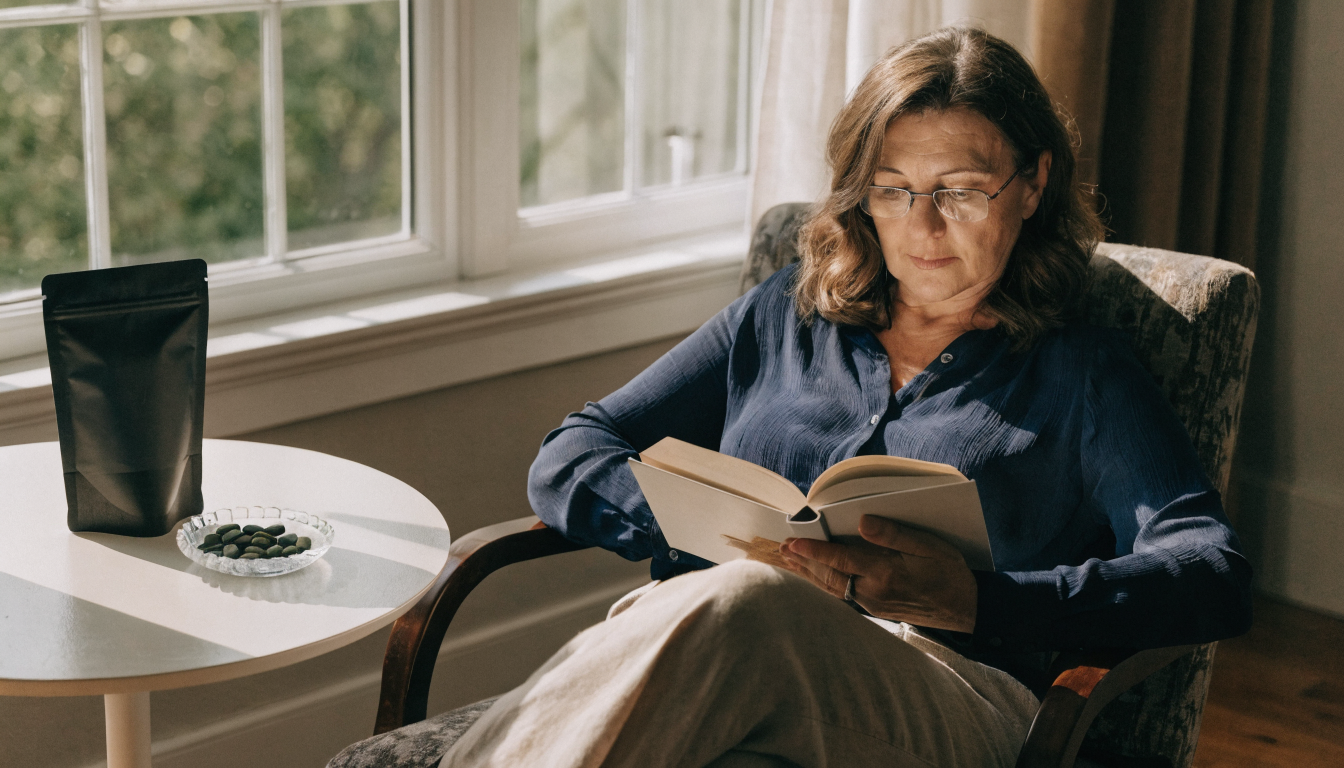 A middle-aged woman in reading glasses and a navy blouse reading a book in an armchair by a bright window, with a matte black pouch and a glass dish of green algae tablets on a side table