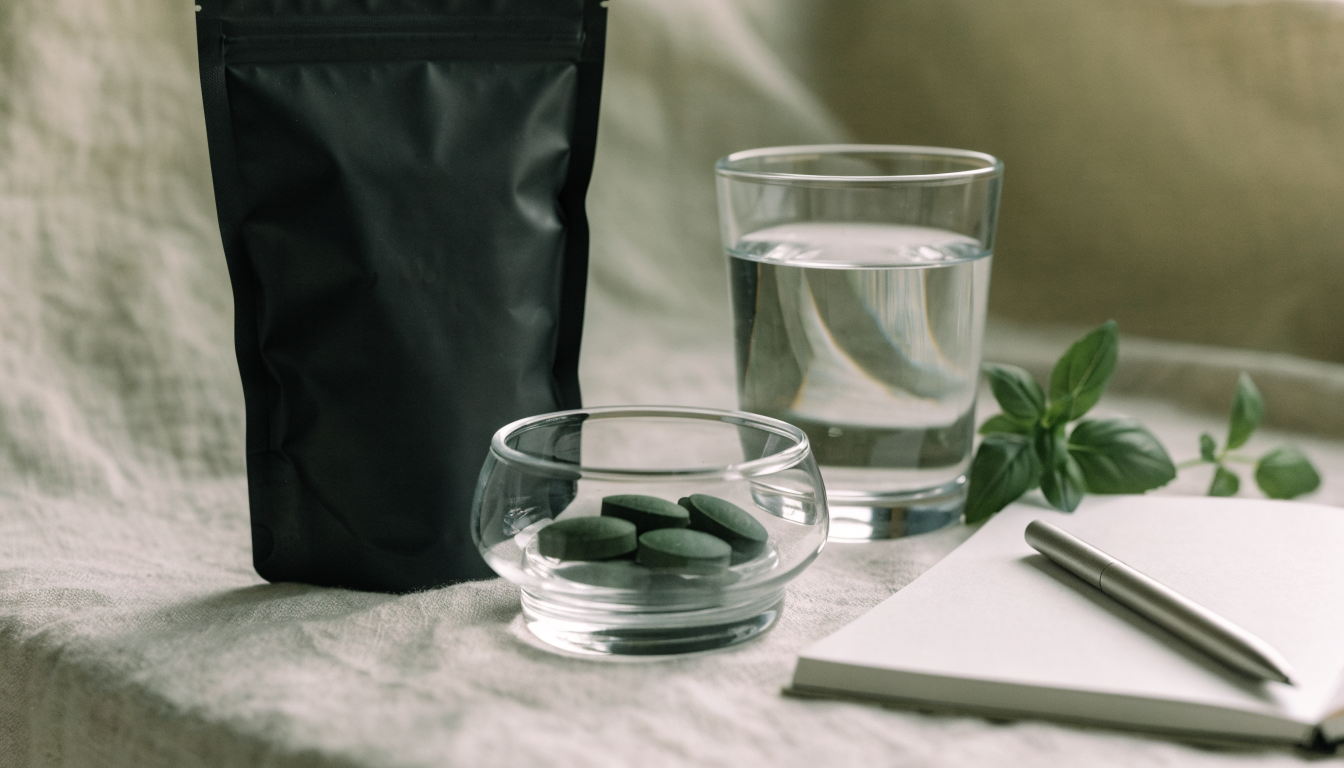 A calm still life on pale linen with a matte black supplement pouch, green algae tablets in a small glass dish, an open notebook and pen, a glass of water, and fresh herbs
