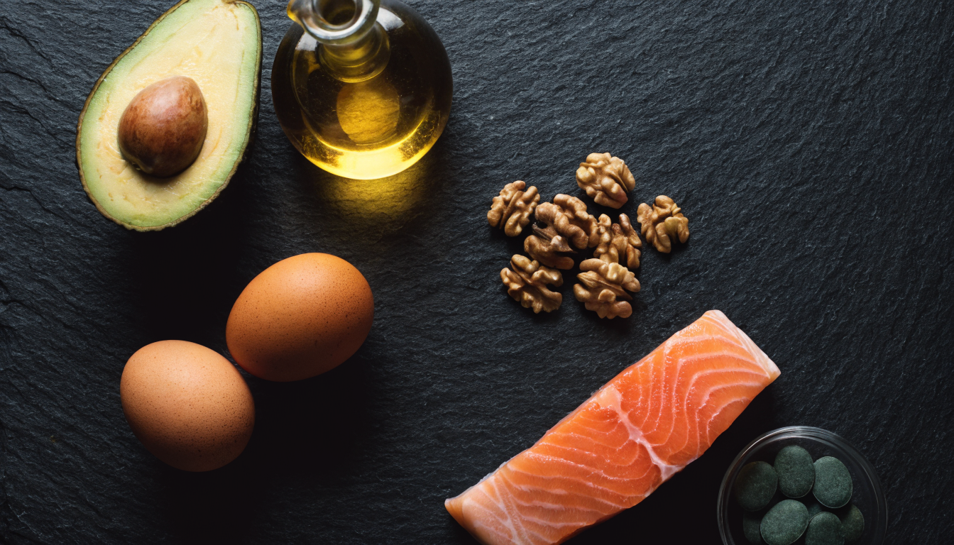 Overhead flat lay on dark slate of a halved avocado, a glass cruet of olive oil, brown eggs, a salmon fillet, walnuts, and a small glass dish of dark green algae tablets.