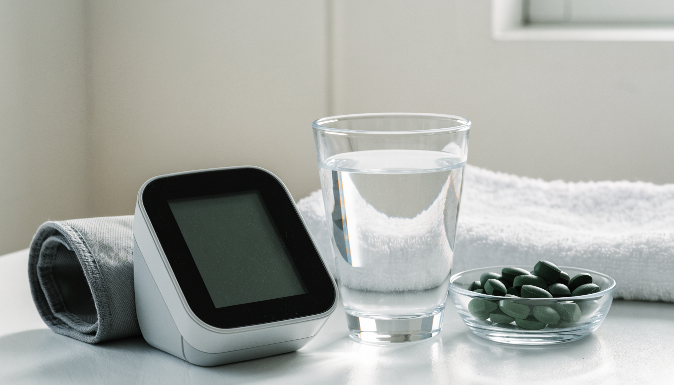 A home blood pressure monitor with a grey arm cuff on a white table beside a glass of water and a small glass dish of dark green algae tablets. No people in this image.