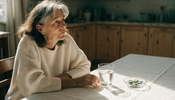 A middle-aged woman in a cream knit sweater sits at a bright kitchen table in morning light with a glass of water and a small glass dish of green algae tablets nearby