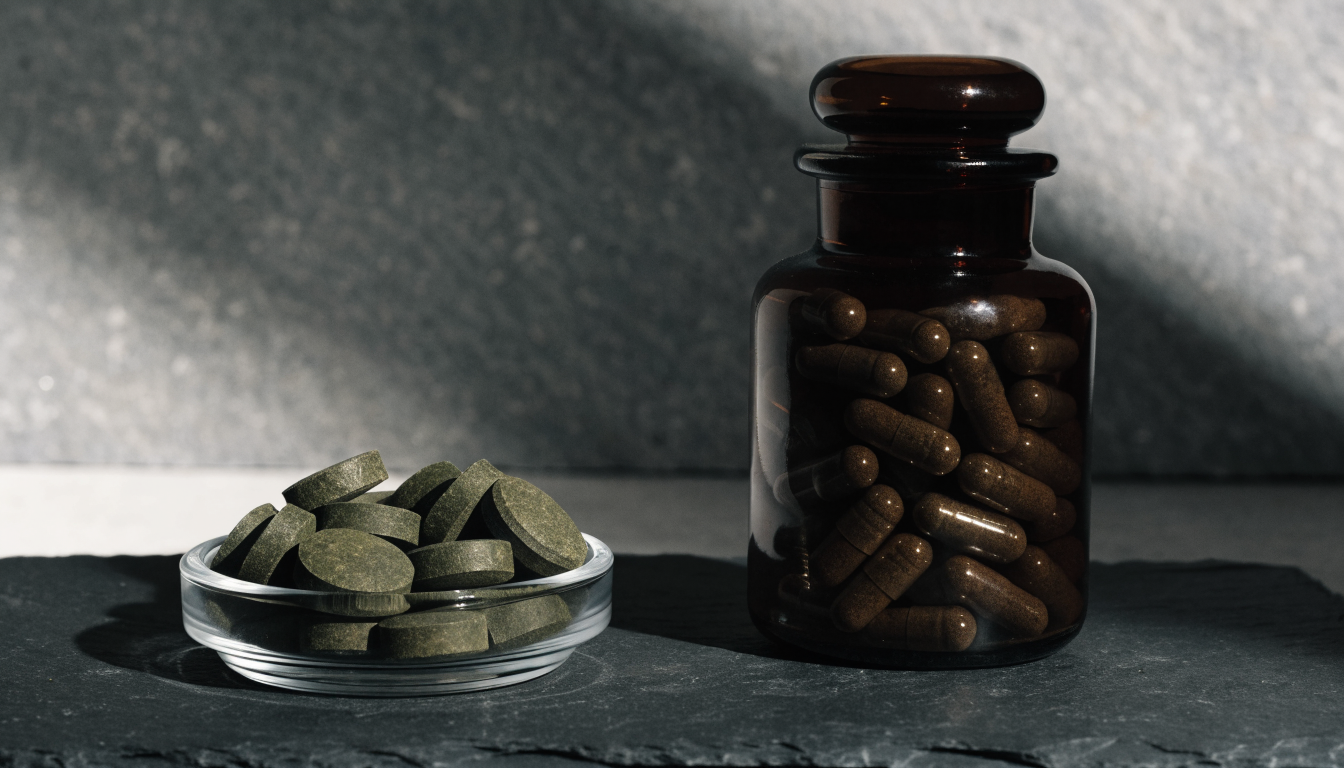 A dark slate board holding a small clear glass dish of dark green algae tablets on the left and a dark amber apothecary jar of brown capsules on the right, lit by moody directional light.