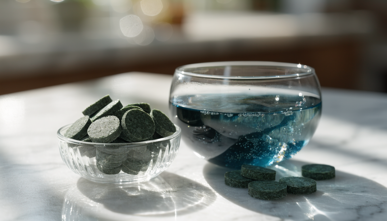 A small clear glass dish of dark green algae tablets on a white marble counter beside a shallow glass bowl of deep blue-green algae water