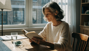A middle-aged woman in a cream knit sweater, fully clothed, reads at a wooden desk beside a window in warm morning light, with a glass of water and a small dish of green algae tablets next to her book.
