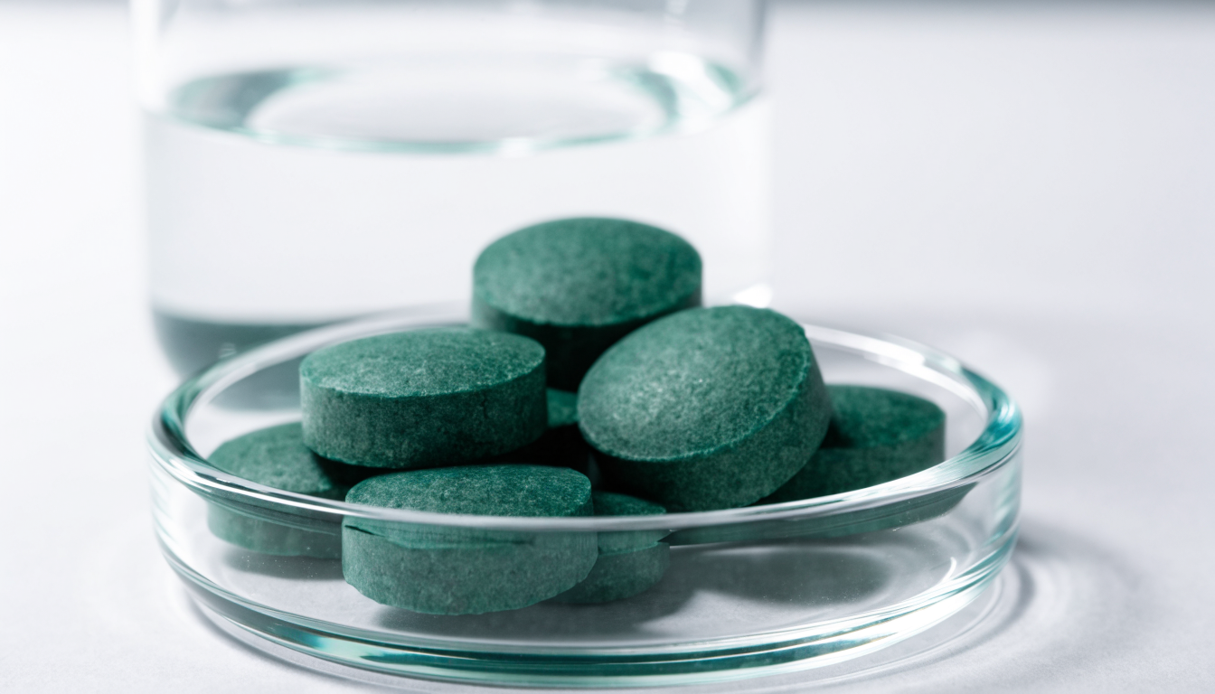 Close-up of green chlorella tablets in a clear glass dish on a white laboratory bench beside a beaker of clean water