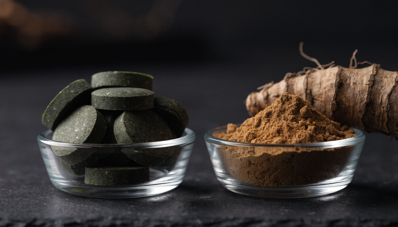 Two small glass dishes side by side on dark slate, one holding green spirulina tablets and the other holding tan ashwagandha root powder with a dried root laid beside it.
